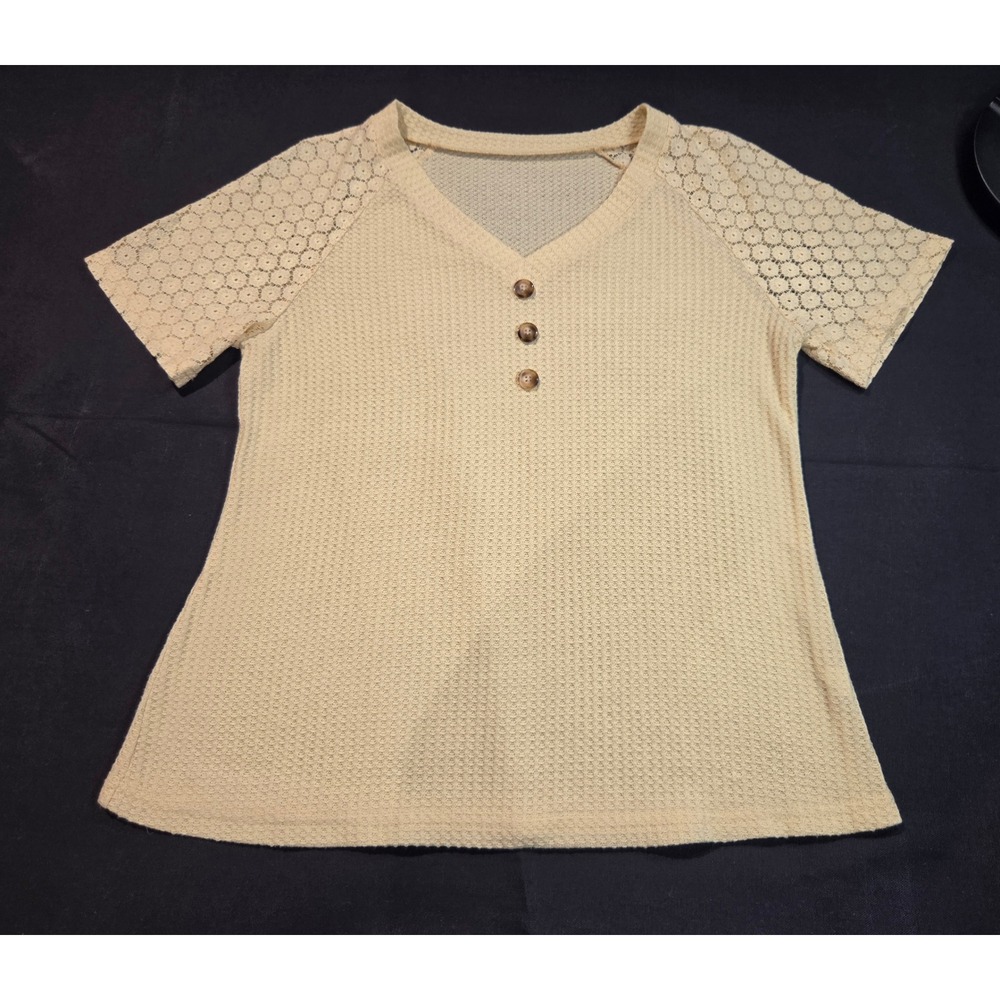Yellow Waffle Knit Top Lace Raglan Short Sleeve V-Neck Button Detail L